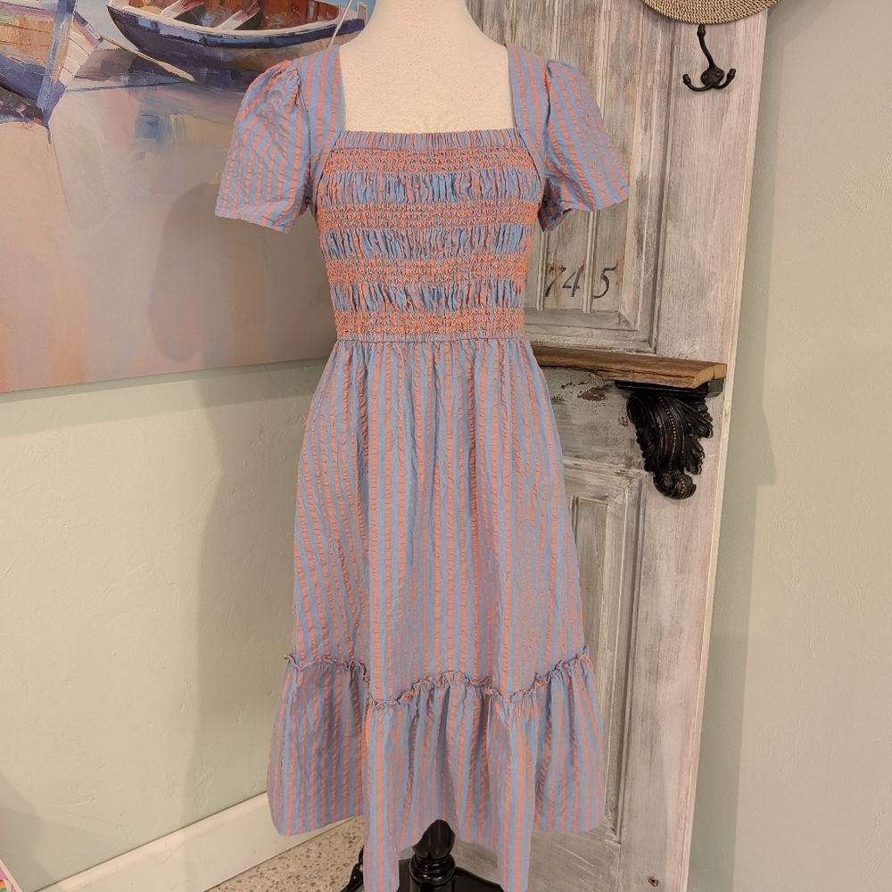 🩵SOLD🧡Tahari ASL Blue and Orange Striped Midi Dress With Puffy Sleeves - Picture 2 of 8